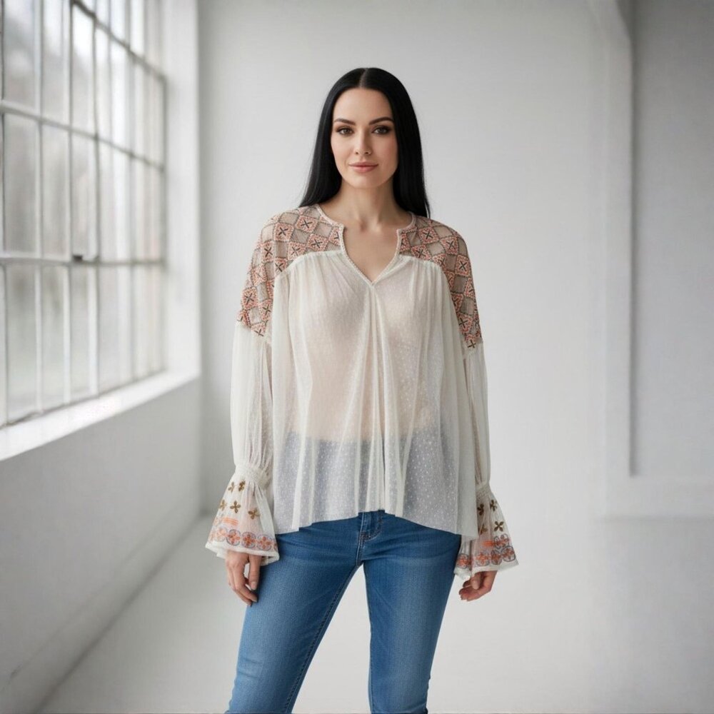 Free People ✦ Boho Tunic Top ✦ Ivory Combo Swiss Dot Embroidered Sheer XS NWT - Picture 12 of 13
